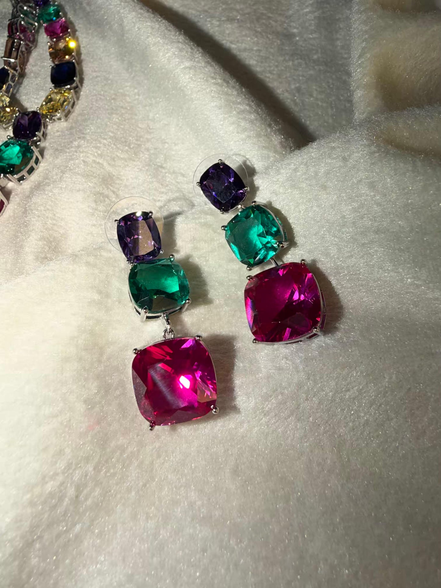 Multicoloured Rhodium Silver Ruby Green Amethyst Necklace Set with Dangling Earrings