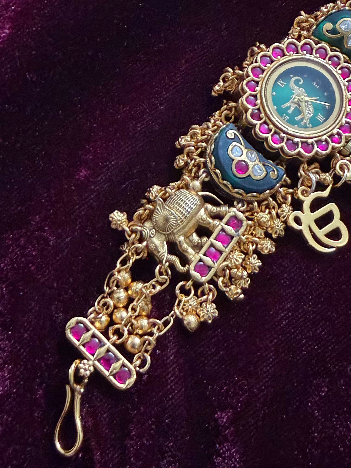 Emerald Green Ruby Halo Round Dial Evil Eye Charm Heritage Maharani Watch Bracelet