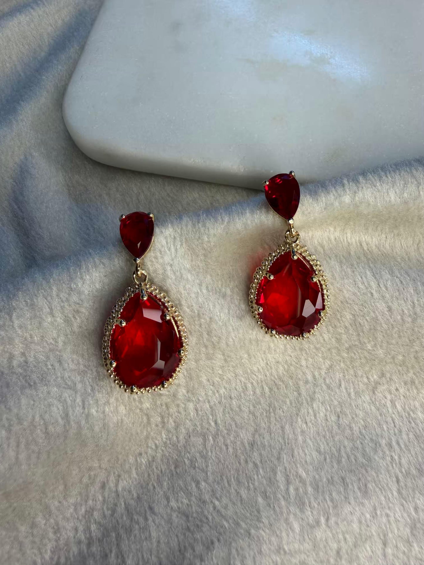 Red Drop Stud Gold Plated Earrings