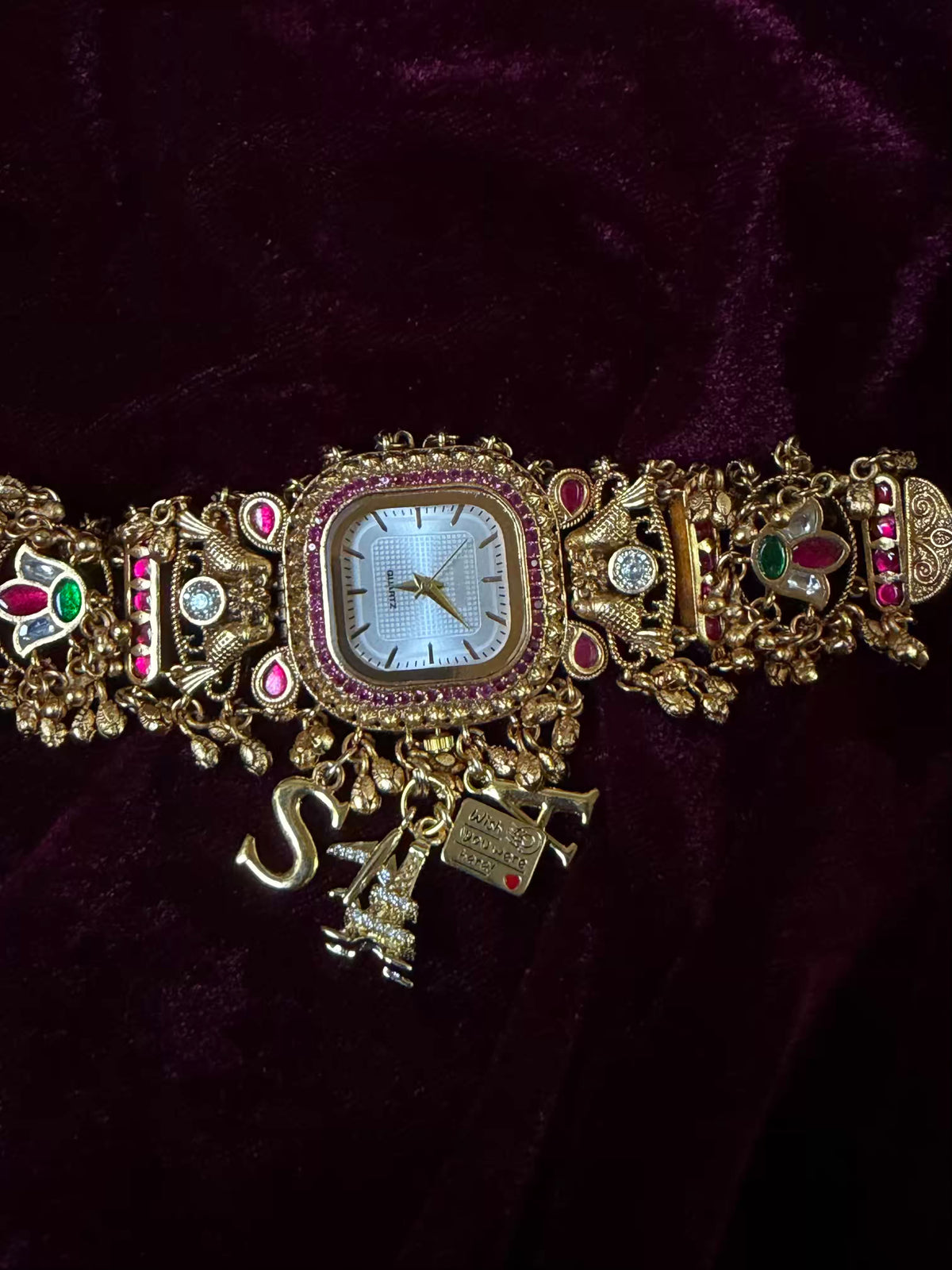 Ruby Charm Pink Stone Square Dial Maharani Watch Bracelet