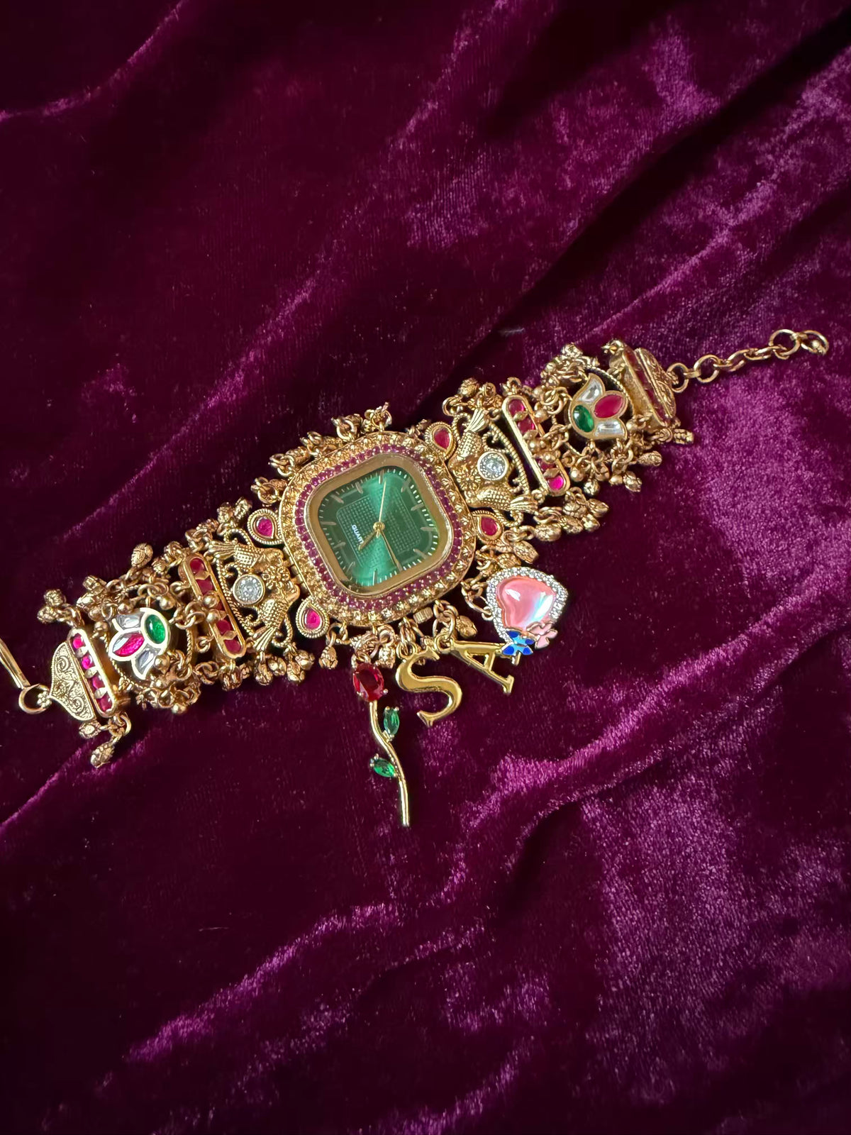 Emerald Green Square Dial Ruby Halo Floral Charm Maharani Watch Bracelet