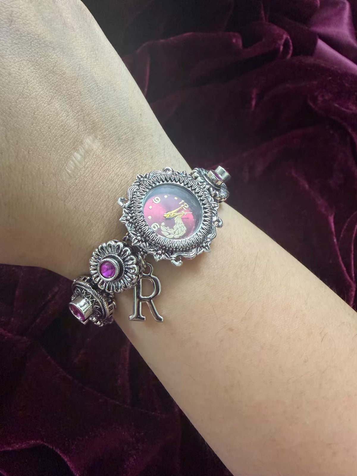 Royal Gulab Inspired Silver-Tone Navratri Oxidised Heritage Watch