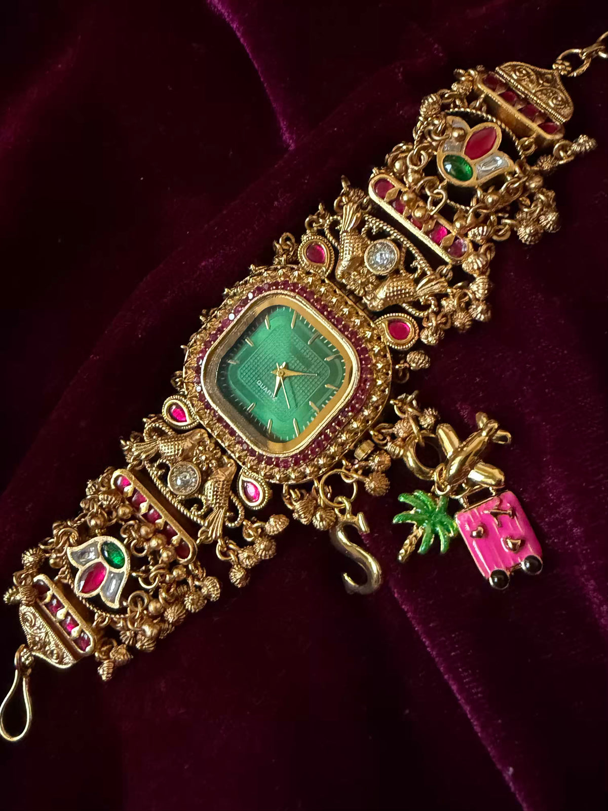 Emerald Royale Pineapple Charm Dial Maharani Watch Bracelet – Gold & Ruby Pink