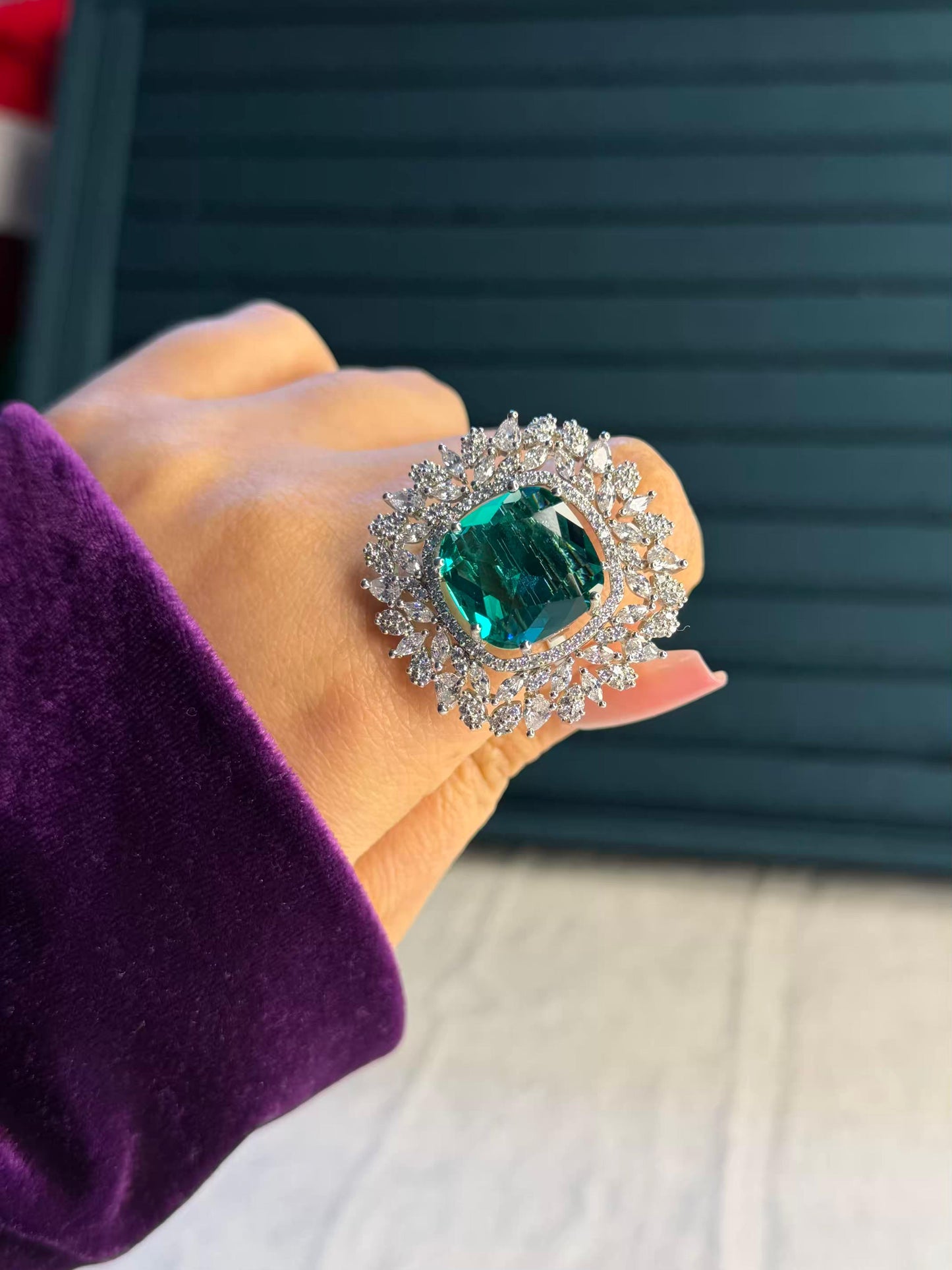 Green Square Diamond Edge Statement Silver Plated Premium Ring (Adjustable)