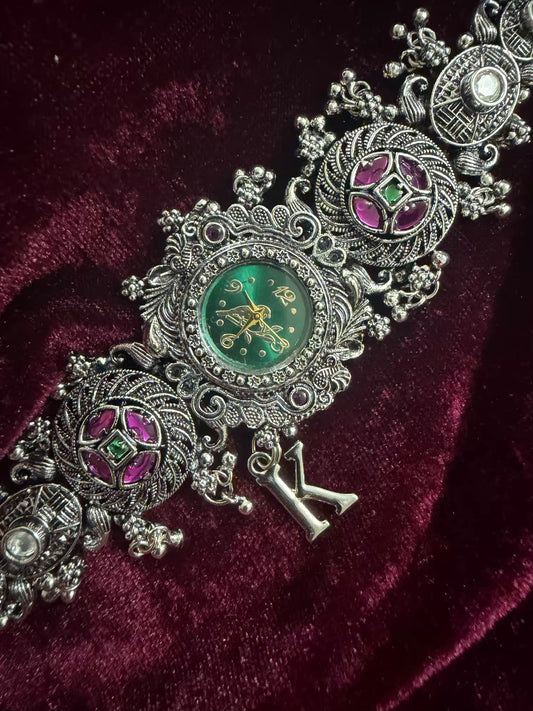 Rajasthani Emerald Royalty Silver-Tone Navratri Oxidised Heritage Watch