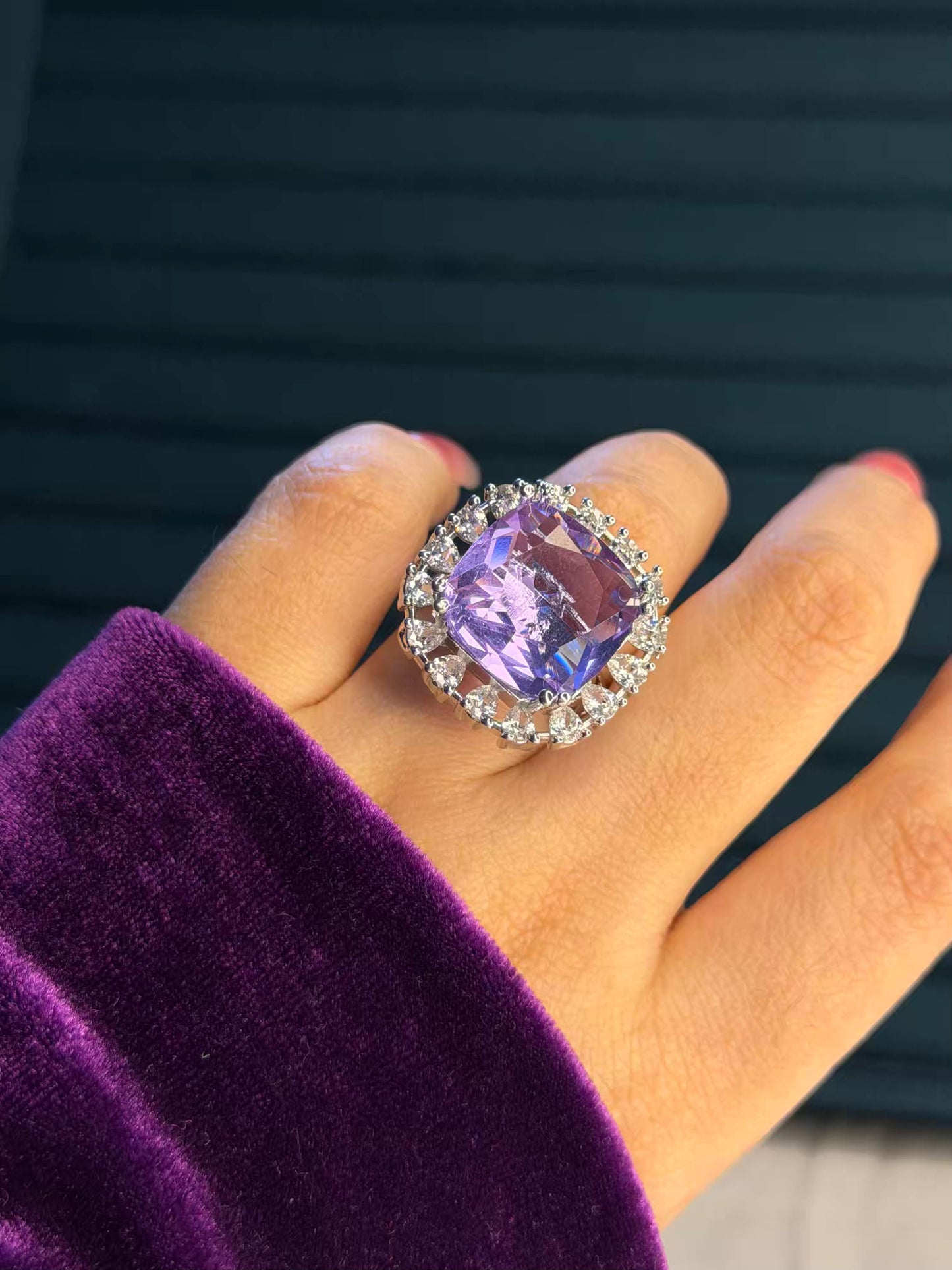 Purple Square Shape Stone Silver Plated Premium Ring (Adjustable)