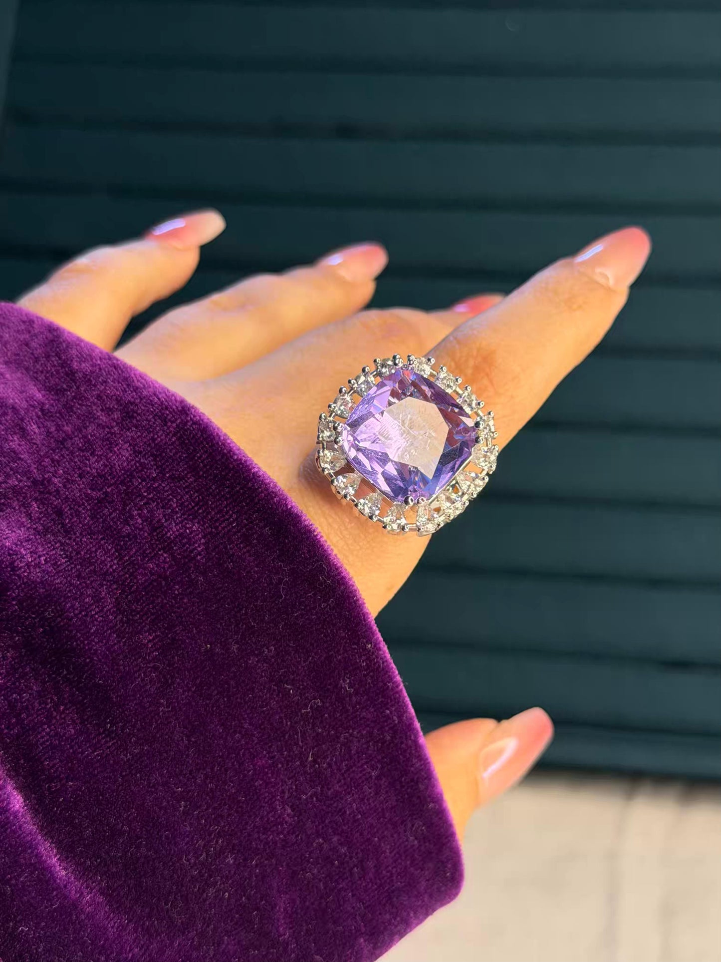 Purple Square Shape Stone Silver Plated Premium Ring (Adjustable)