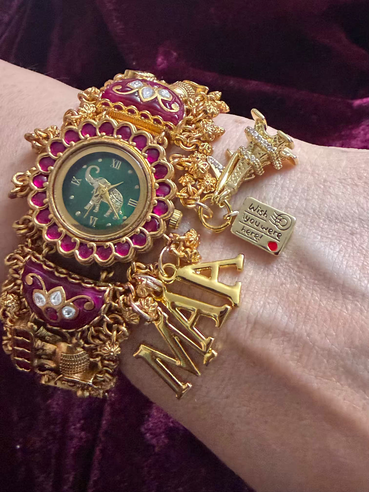 Wish You Were Here MAA Emerald Green Round Dial Ruby Pink Stone Elephant Charm Heritage Maharani Watch Bracelet