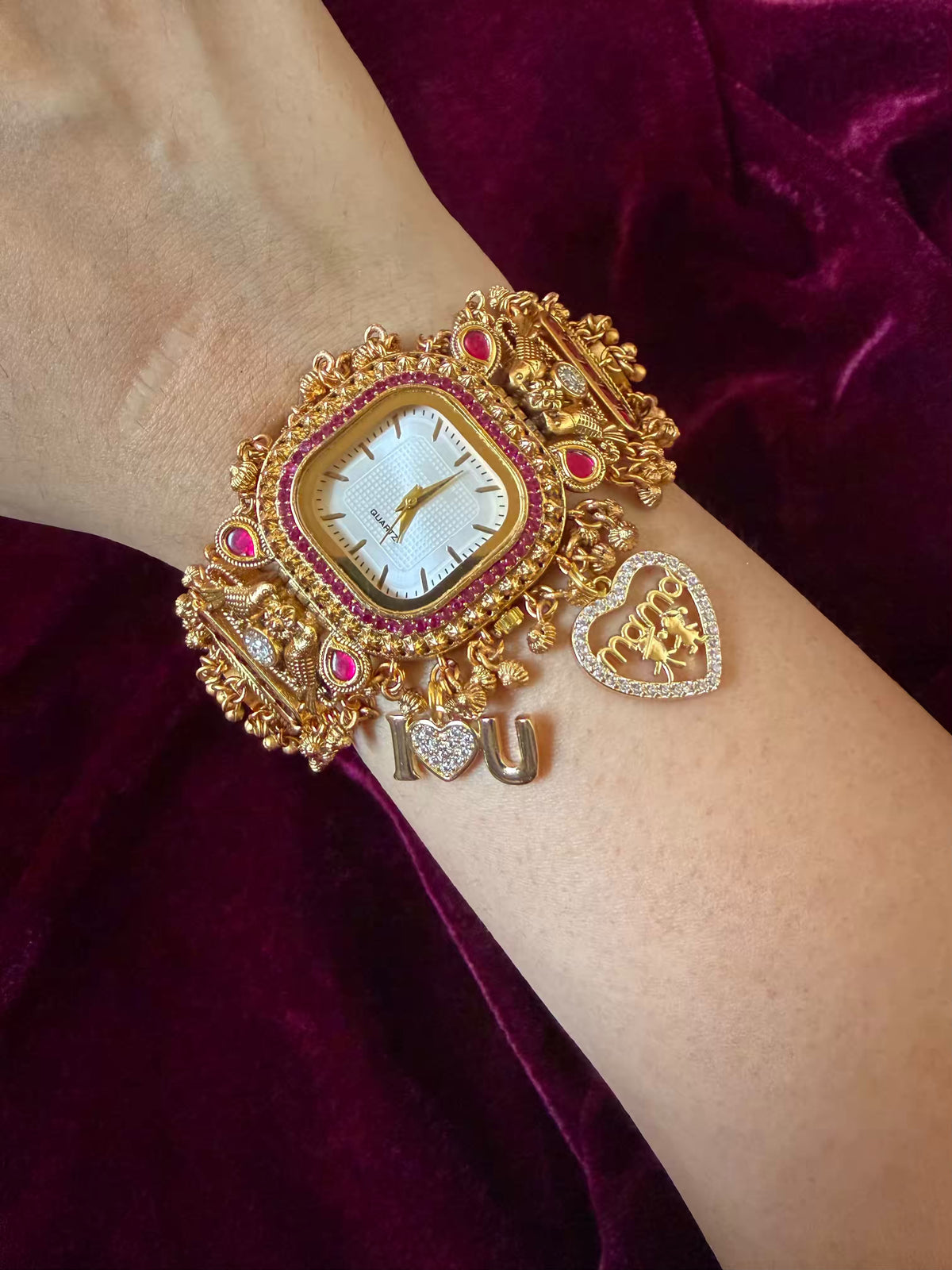 I  Love You Maharani Square Dial Heritage Watch Bracelet in Premium Swarovski – Gold & Ruby Pink