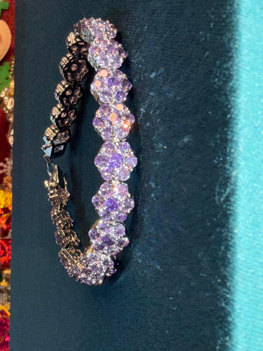 Purple Floral Cluster Silver Plated Tennis Bracelet