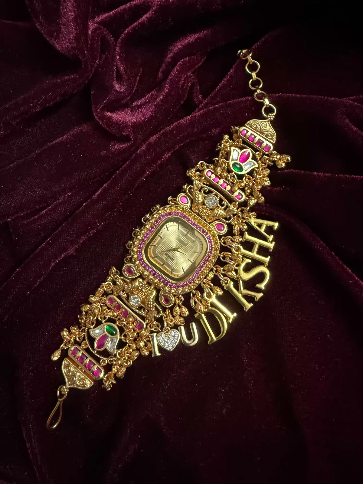 Ruby Pink Stone Gold Square Dial I Love You Charm Maharani Watch Bracelet