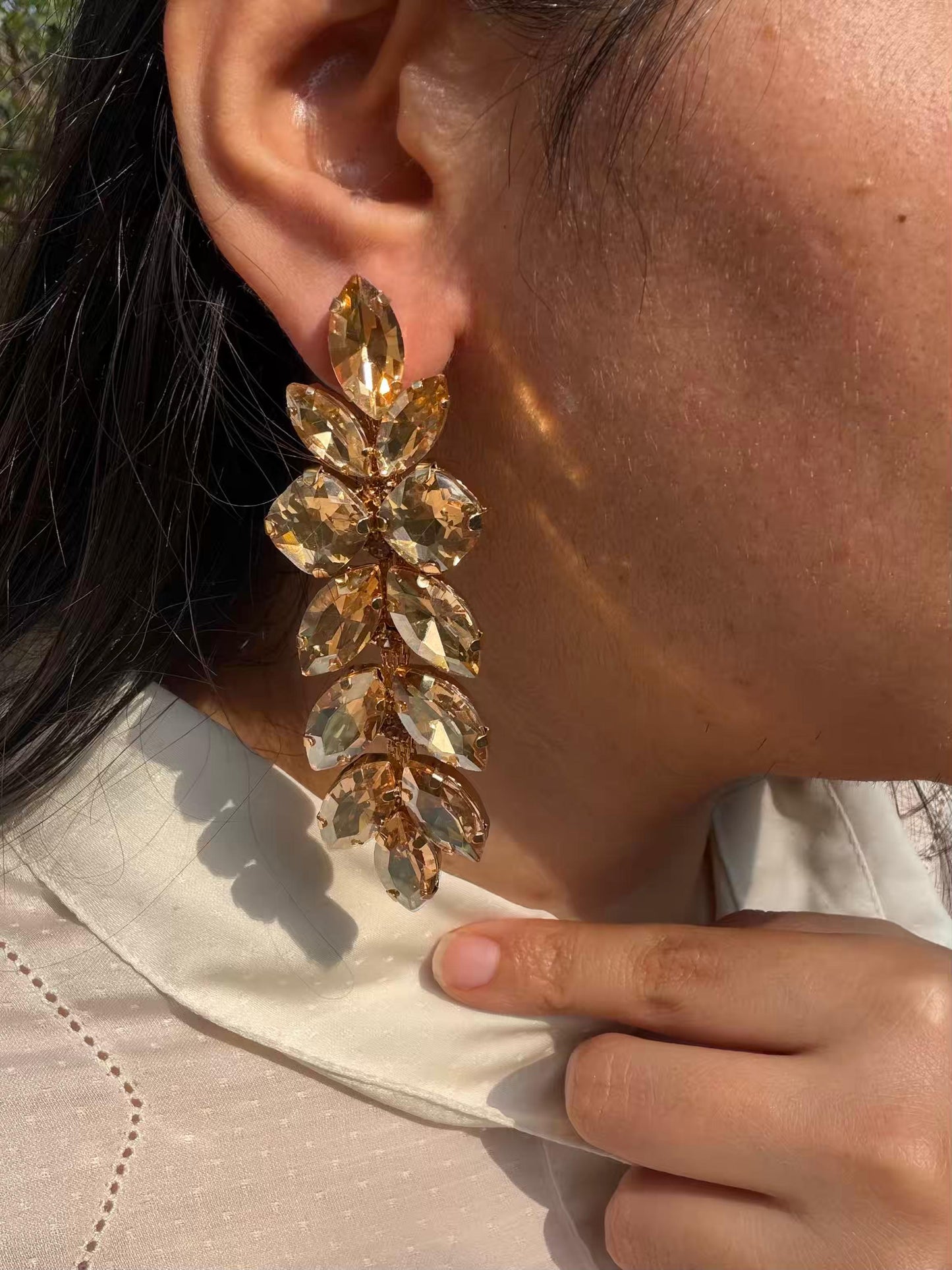 Golden Waterdrop Shaped Stones Long Gold Plated Earrings