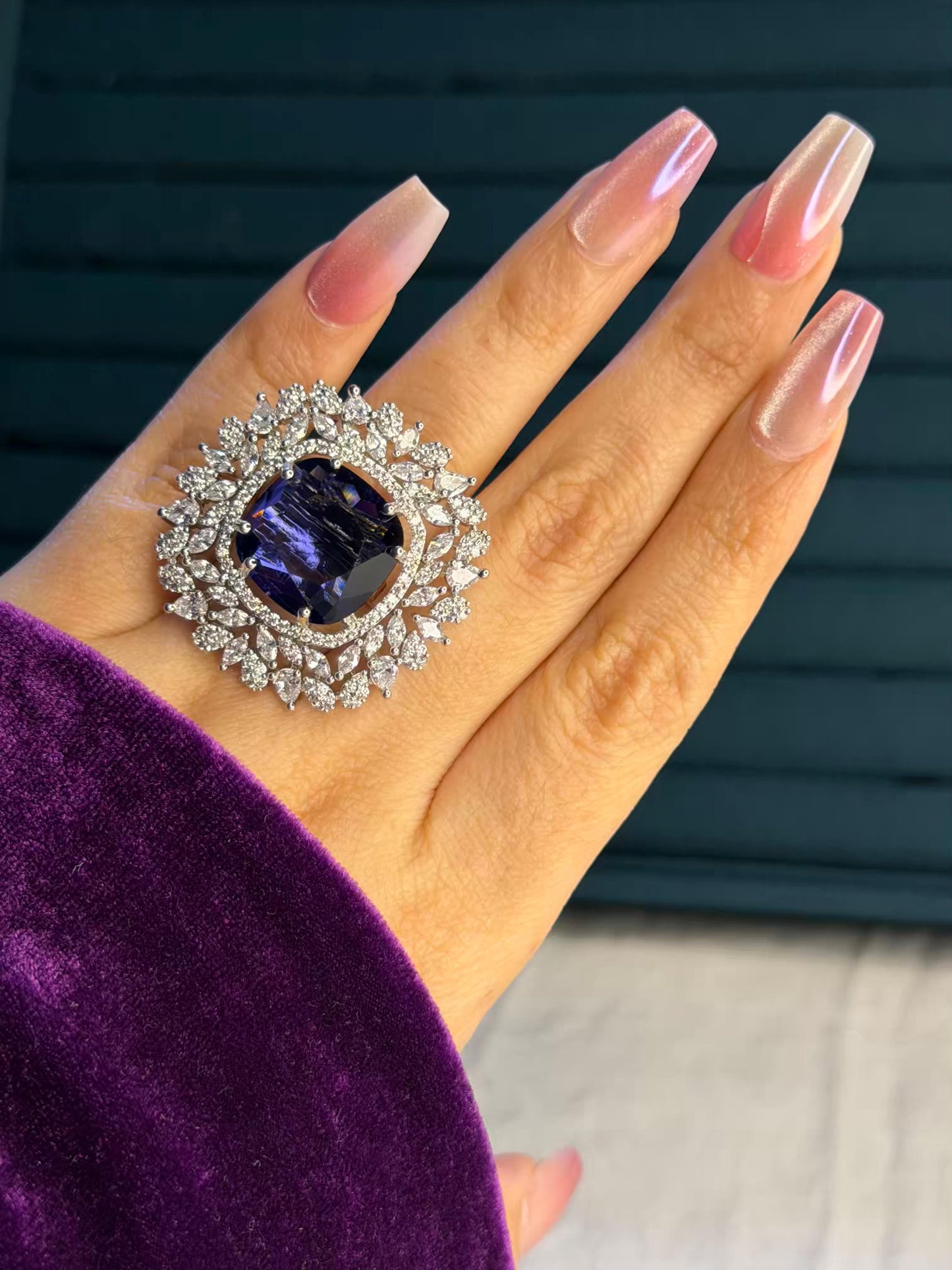 Purple Crystal Petals Edge Silver Plated Premium Ring (Adjustable)