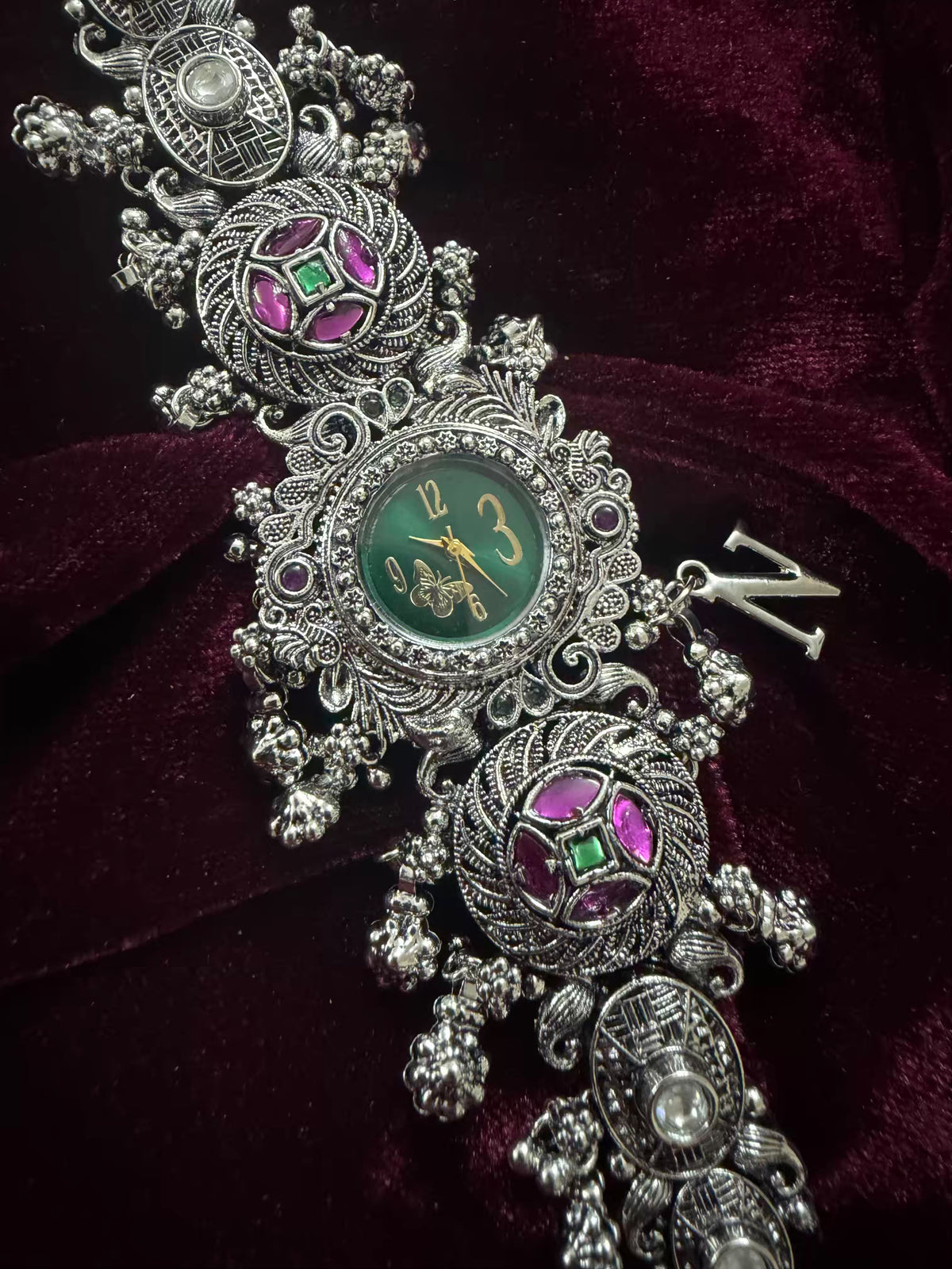 Garnet Silver-Tone Navratri Oxidised Heritage Watch
