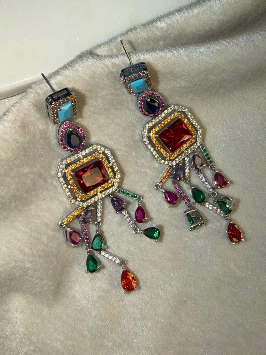 Royal Ruby & Multi-Gem Symphony Luxury Party Wedding Rhodium Silver Plating Earrings