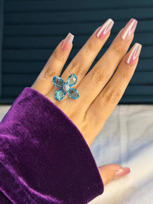 Light Blue Floral Silver Plated Premium Ring (Adjustable)