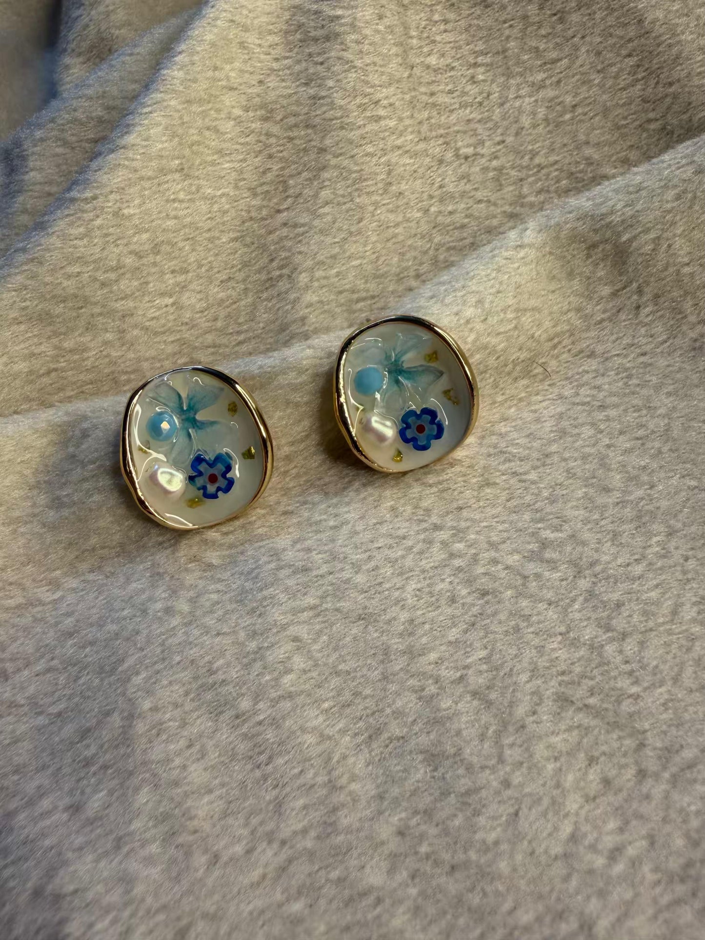 Blue Floral Resin Stud Gold Plated Earrings