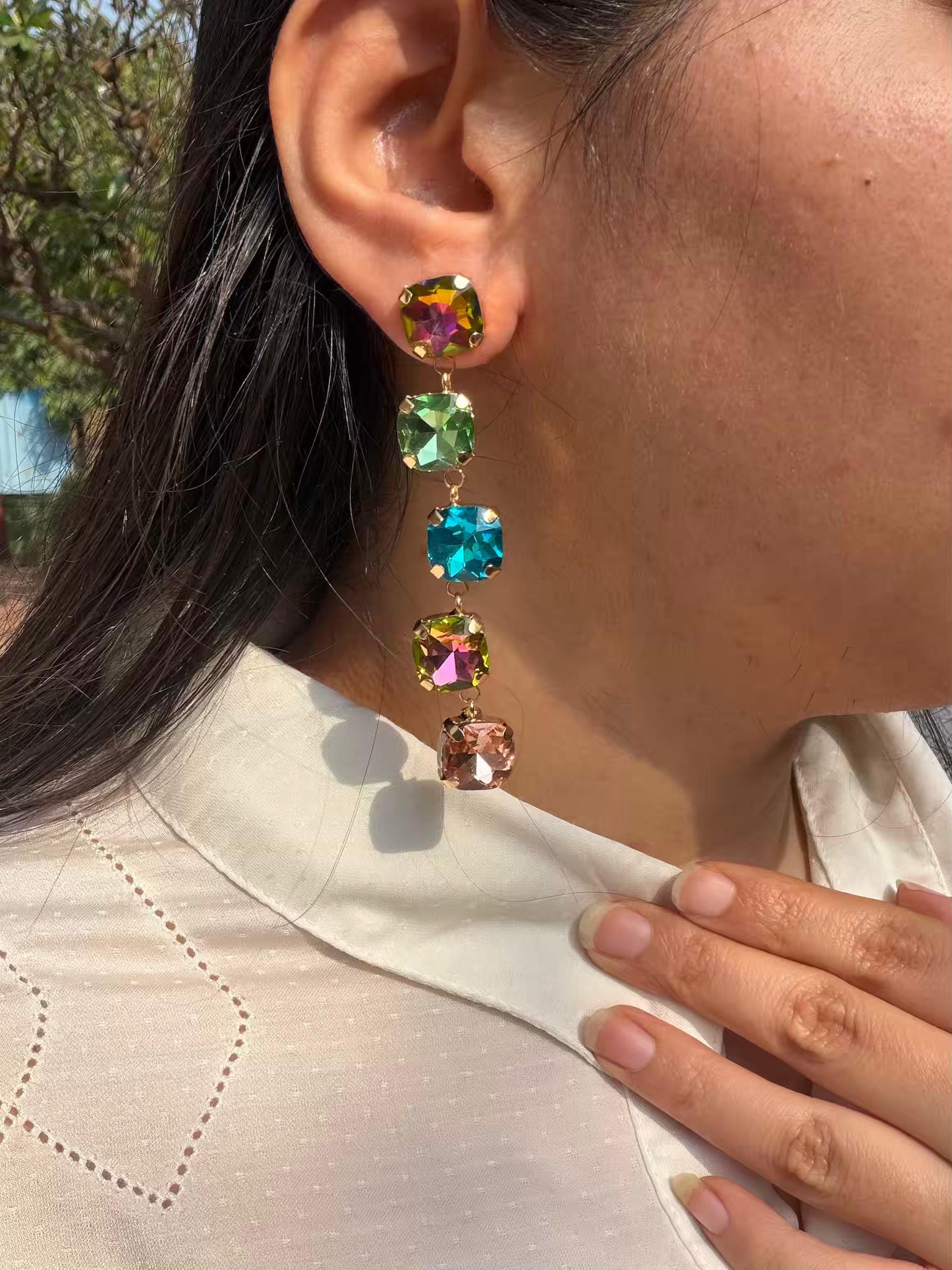 Multi Colour Square Stones Gold Plated Earrings