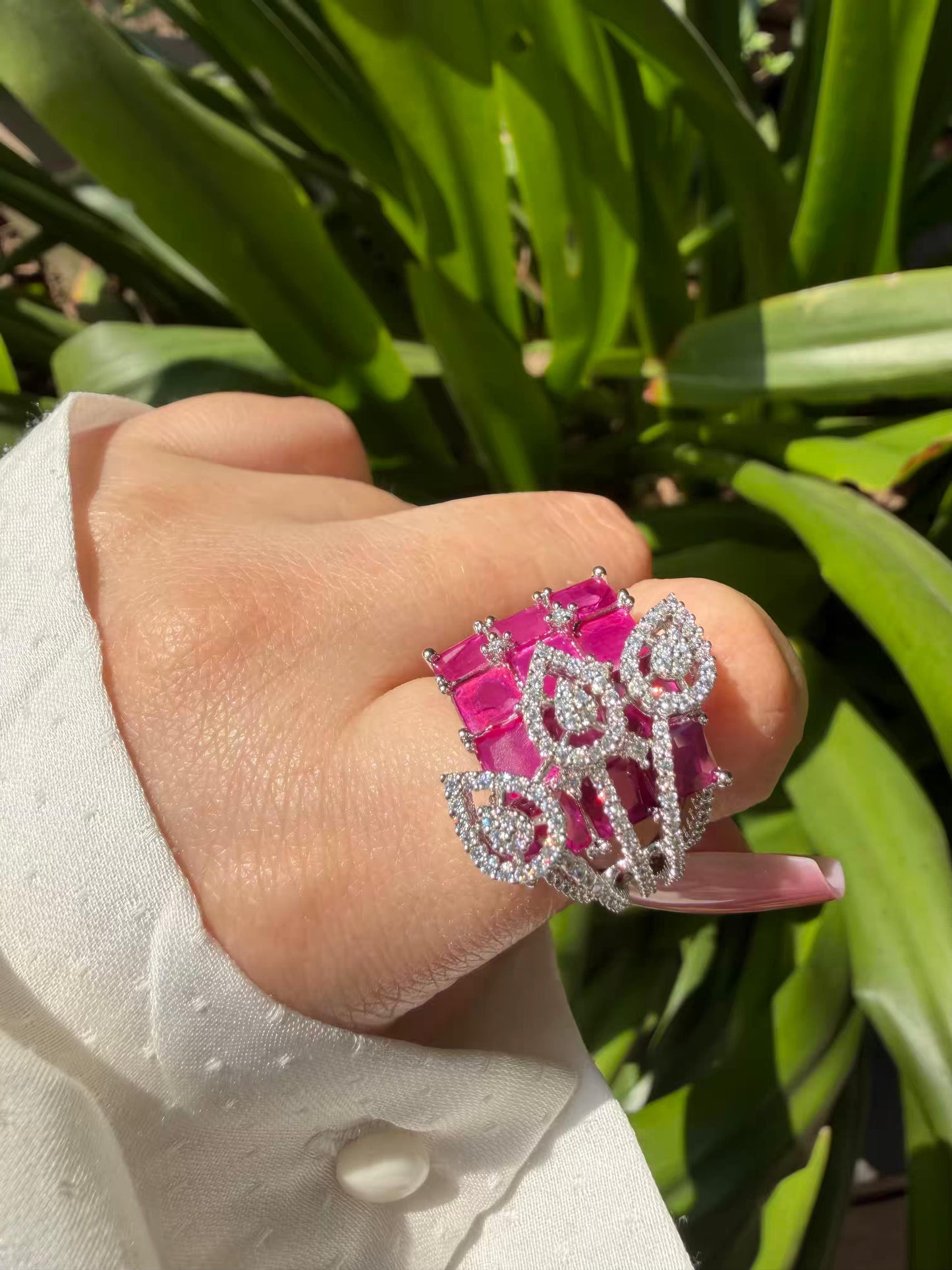 Royal Pink Majesty Cocktail Silver Plated Ring