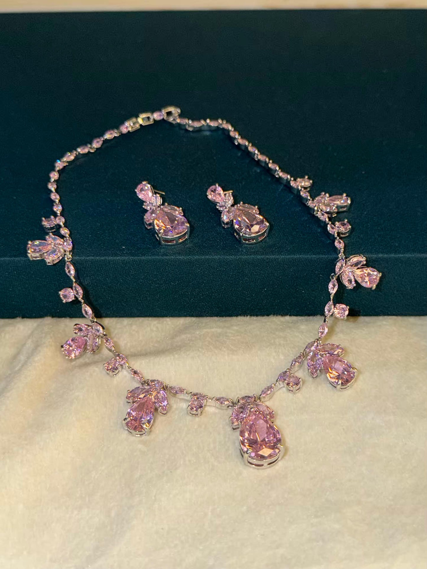 Pink Floral Rhodium Plated Necklace Set with Earrings