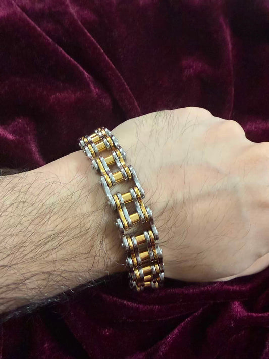 Premium Dual-Tone Silver & Gold Roller Motorcycle Chain Men's Rakhi Bracelet