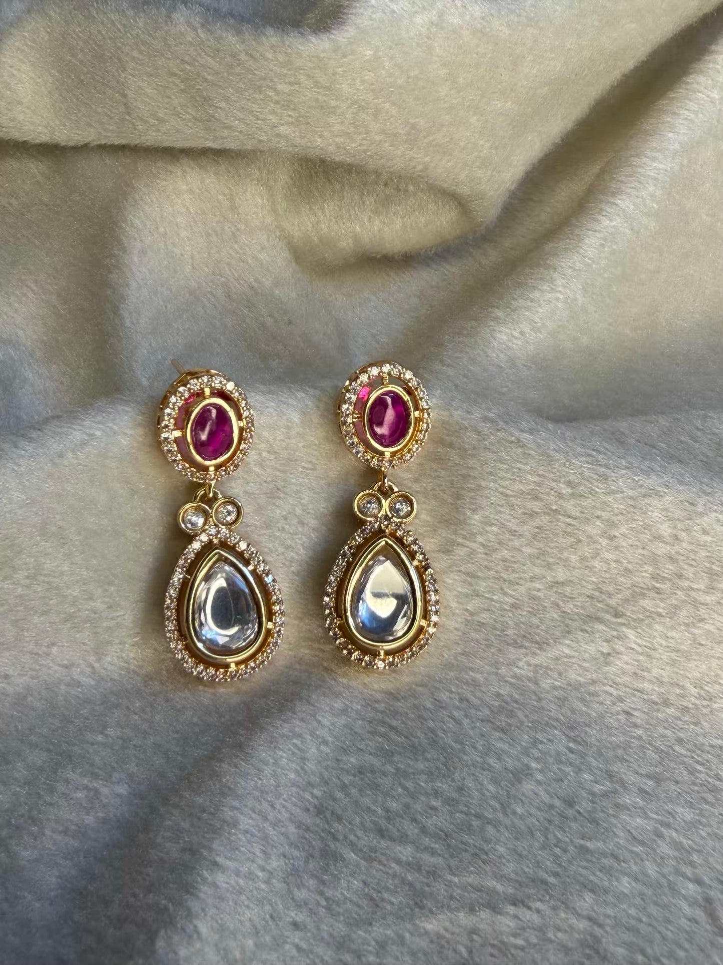 Ruby Pink Kundan Drop Gold Plated Earrings