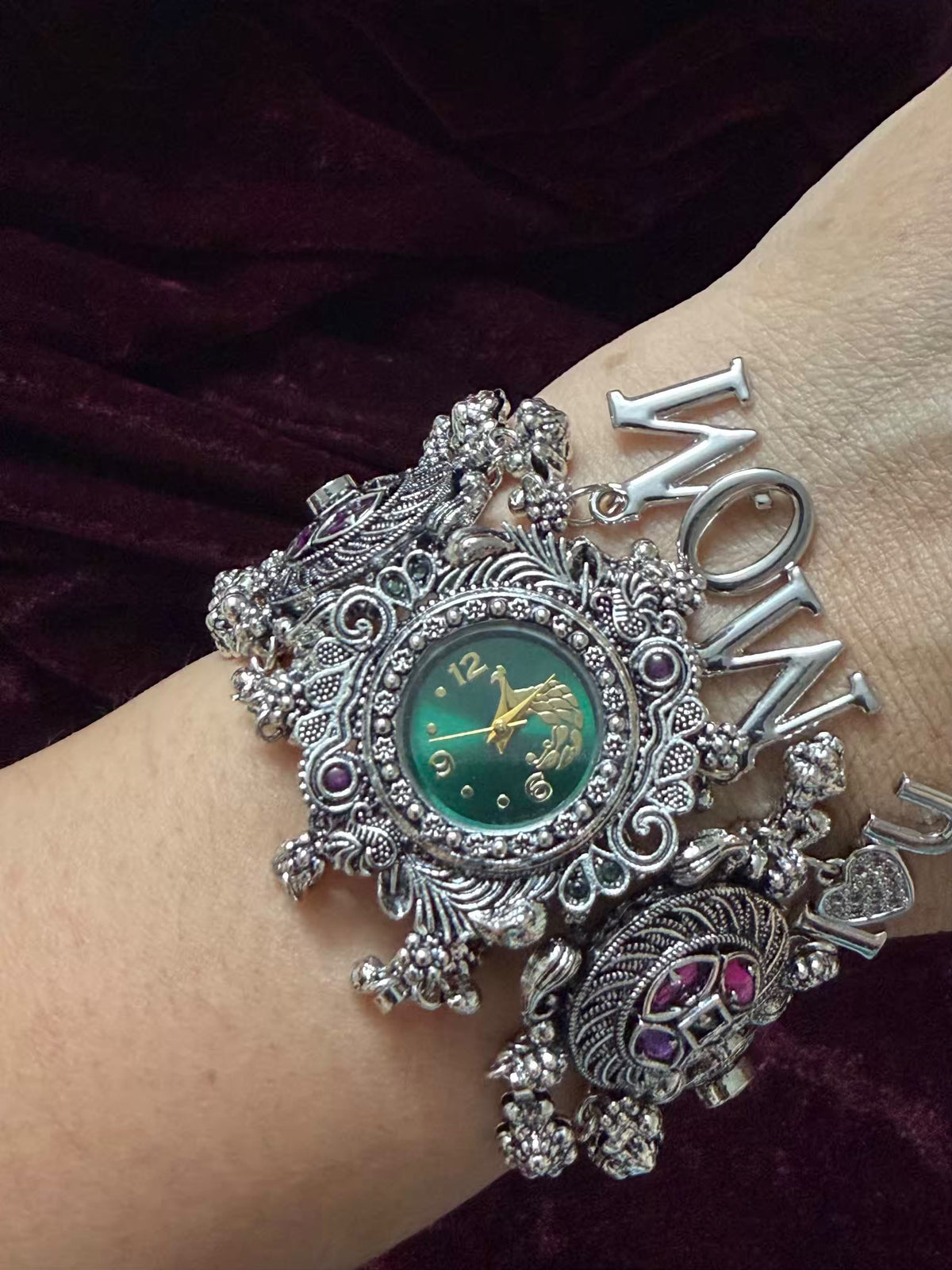 I Love You Mom Emerald Greqen Round Dial Silver Oxidised Peacock Charm Maharani Watch Bracelet