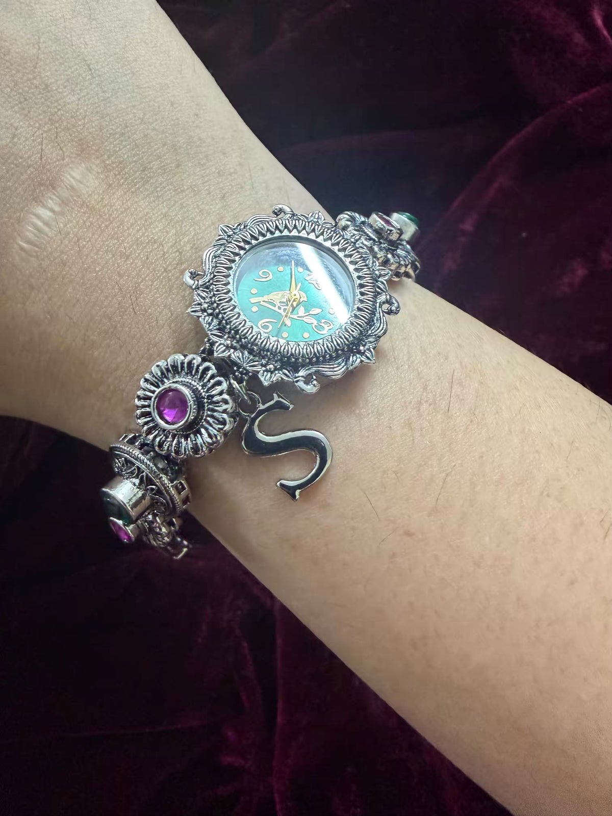 Nazakat Emerald Bloom Silver-Tone Navratri Oxidised Heritage Watch