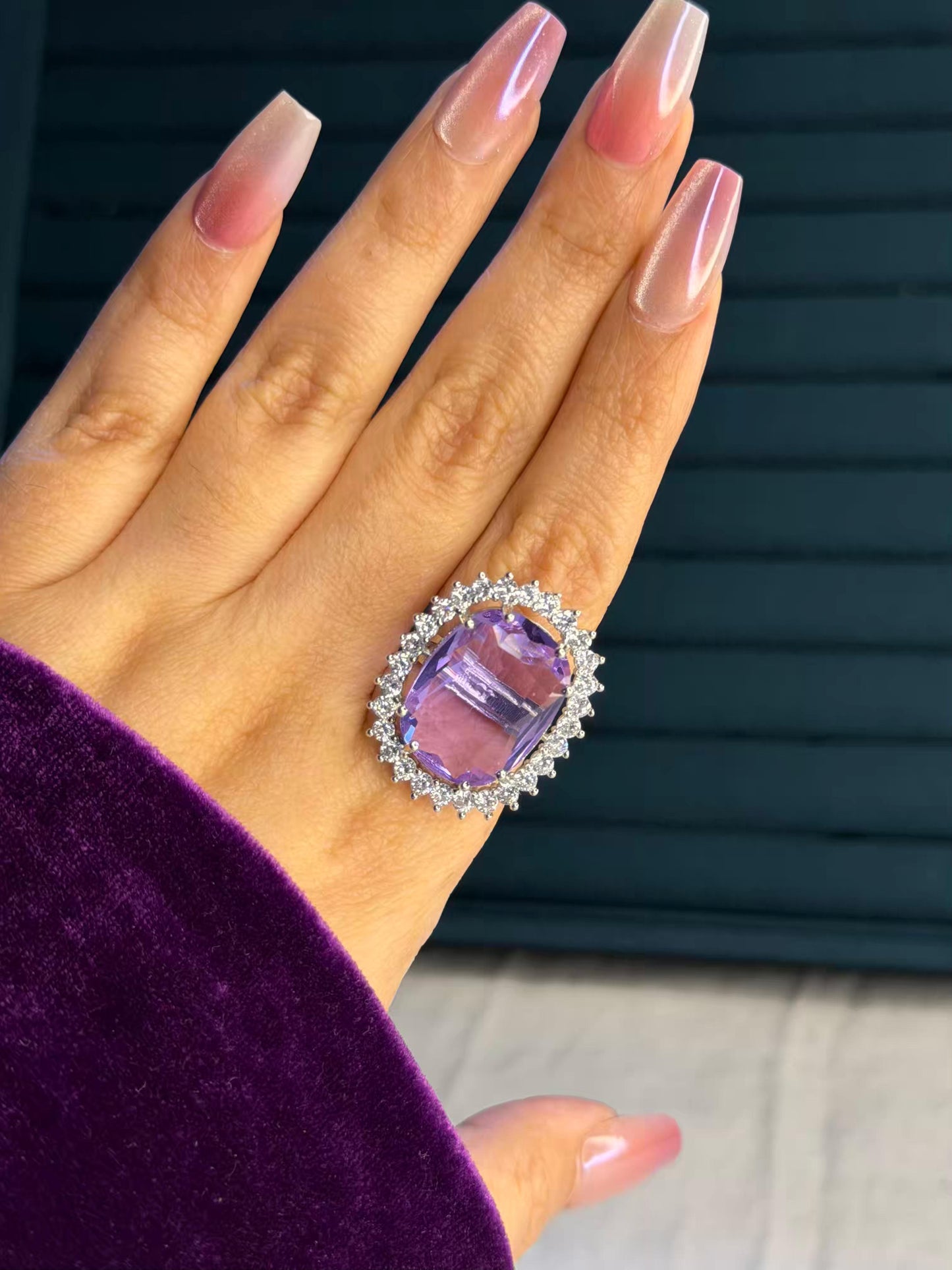 Light Purple Big Statement Silver Plated Premium Ring (Adjustable)