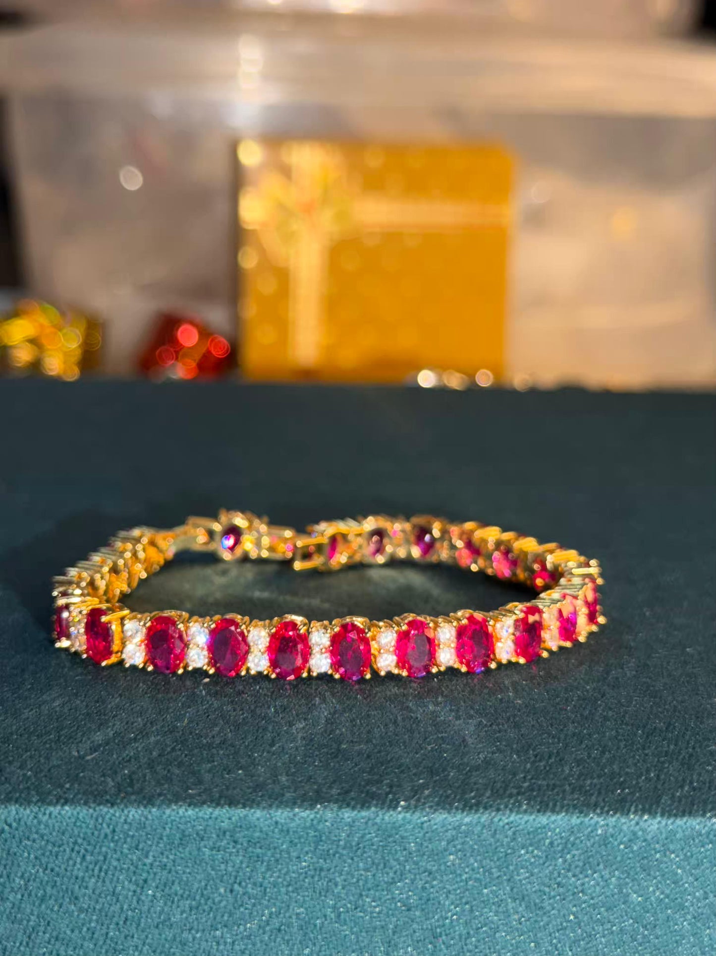 Ruby Pink Oval Gold Plated Tennis Bracelet