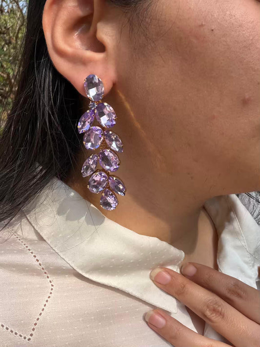 Purple Waterdrop Shaped Stones Long Gold Plated Earrings