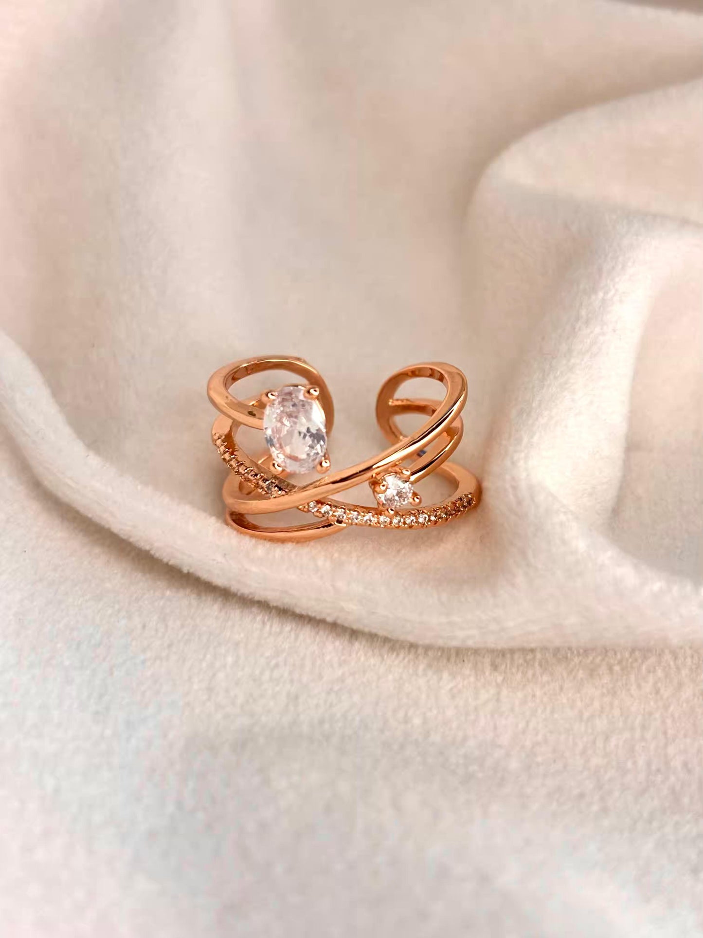 Twisted studded Rose Gold Plated Adjustable Ring
