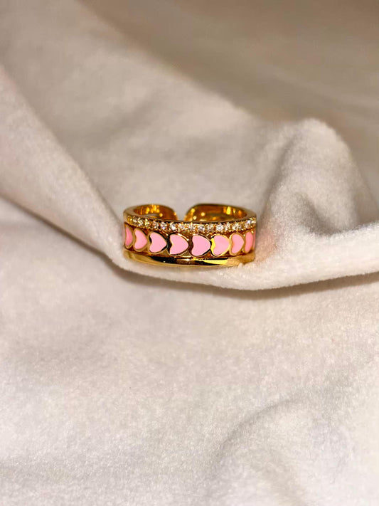 Narrow Stacked Pink Hearts Rose Gold Plated Adjustable Ring