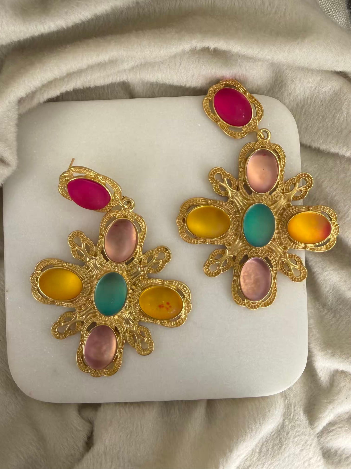 Multiple Coloured Stones Gold Plated Earrings