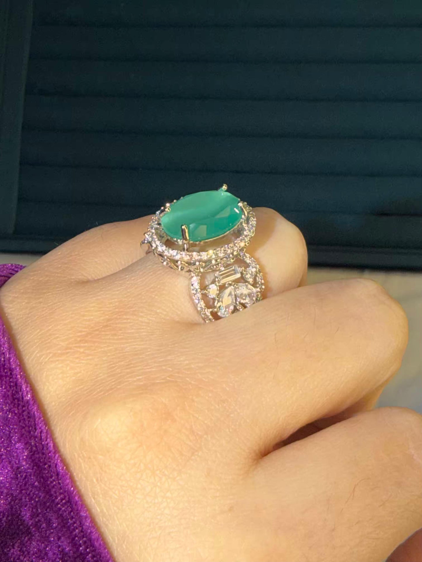 Pastel Green Empress Silver Plated Premium Ring (Adjustable)