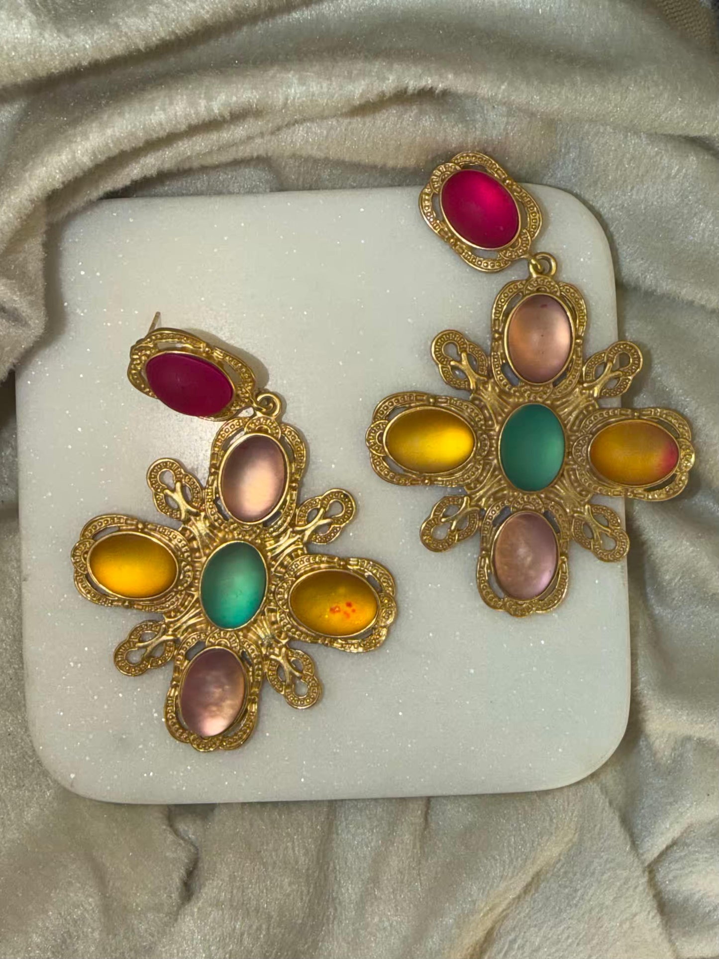 Multiple Coloured Stones Gold Plated Earrings