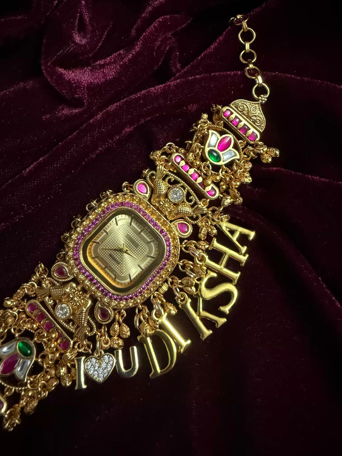Ruby Pink Stone Gold Square Dial I Love You Charm Maharani Watch Bracelet