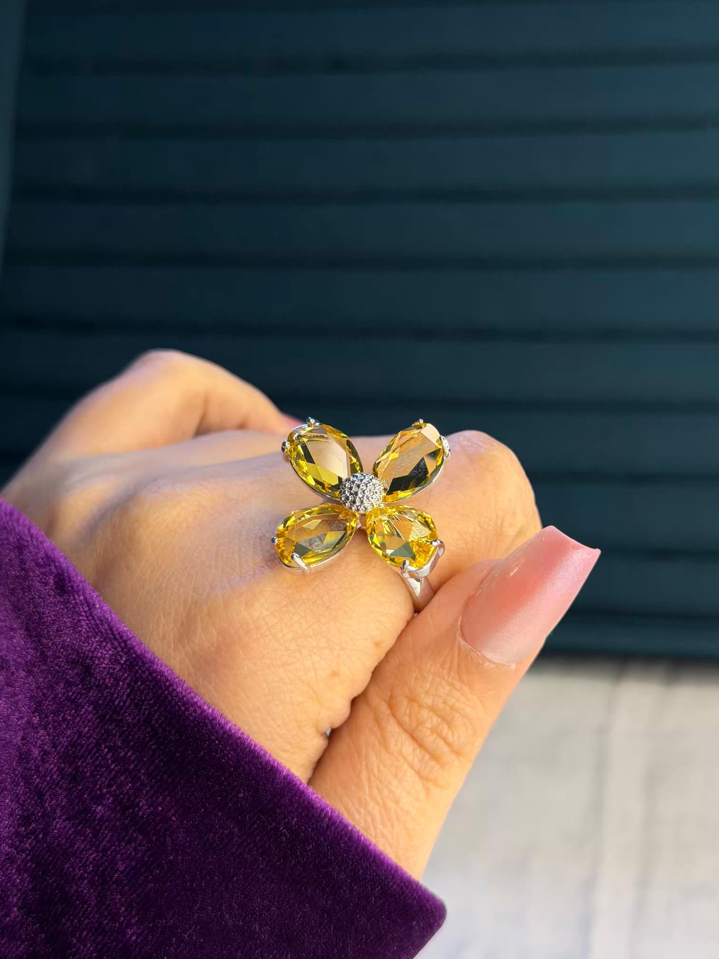 Yellow Flower Silver Plated Premium Ring (Adjustable)
