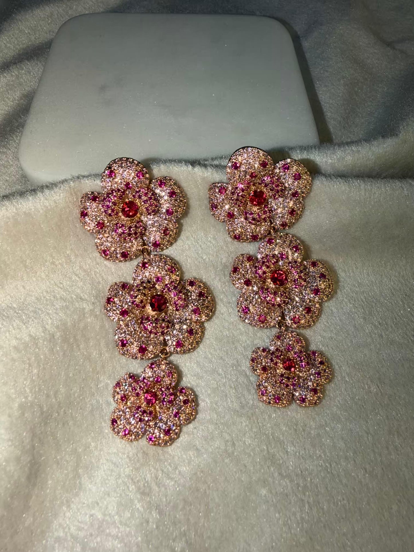 Pink Ruby Crystal Luxury Party Wedding Rhodium Gold Plating Earrings