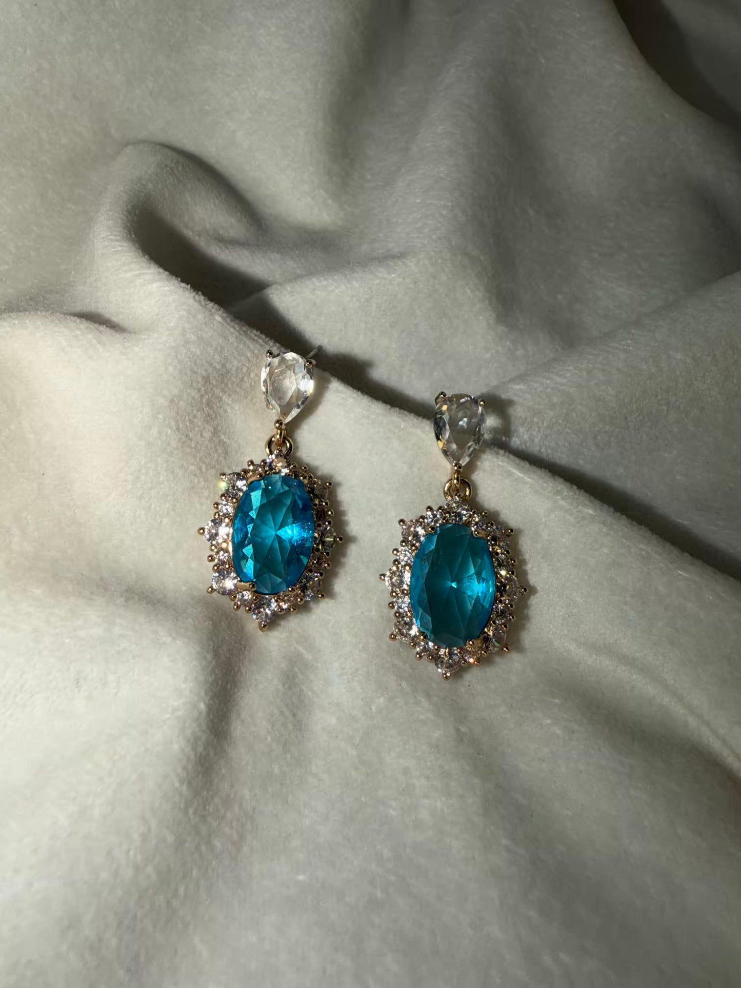 Royal Blue Halo Drop Gold Plated Earrings