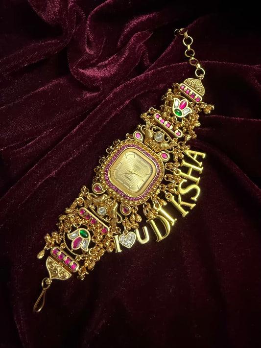 Ruby Pink Stone Gold Square Dial I Love You Charm Maharani Watch Bracelet