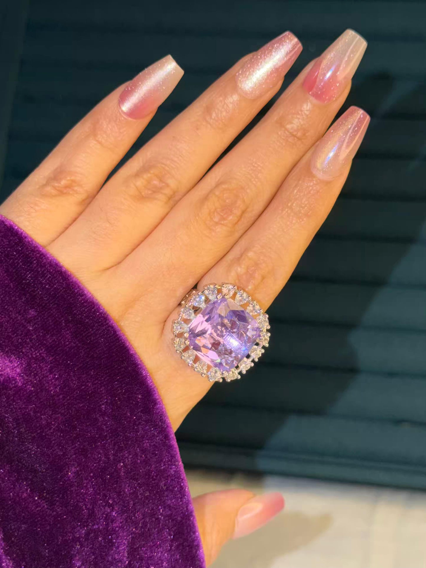 Purple Square Shape Stone Silver Plated Premium Ring (Adjustable)