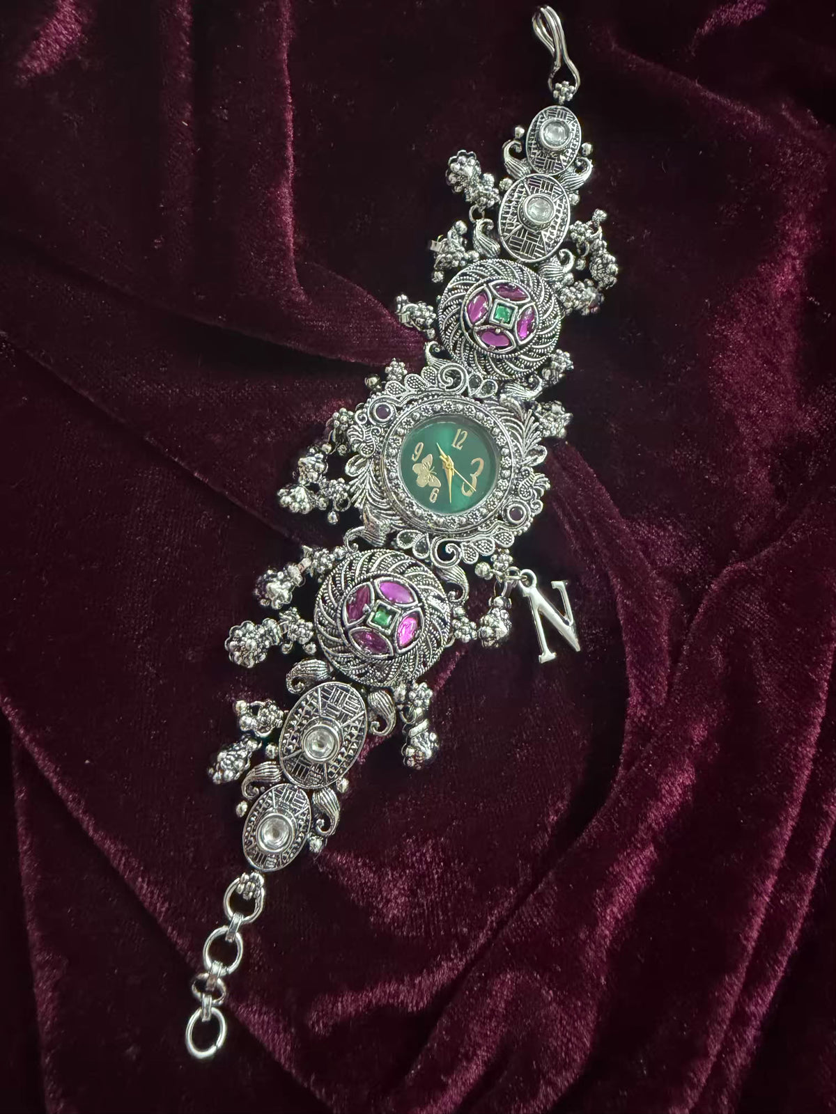 Garnet Silver-Tone Navratri Oxidised Heritage Watch