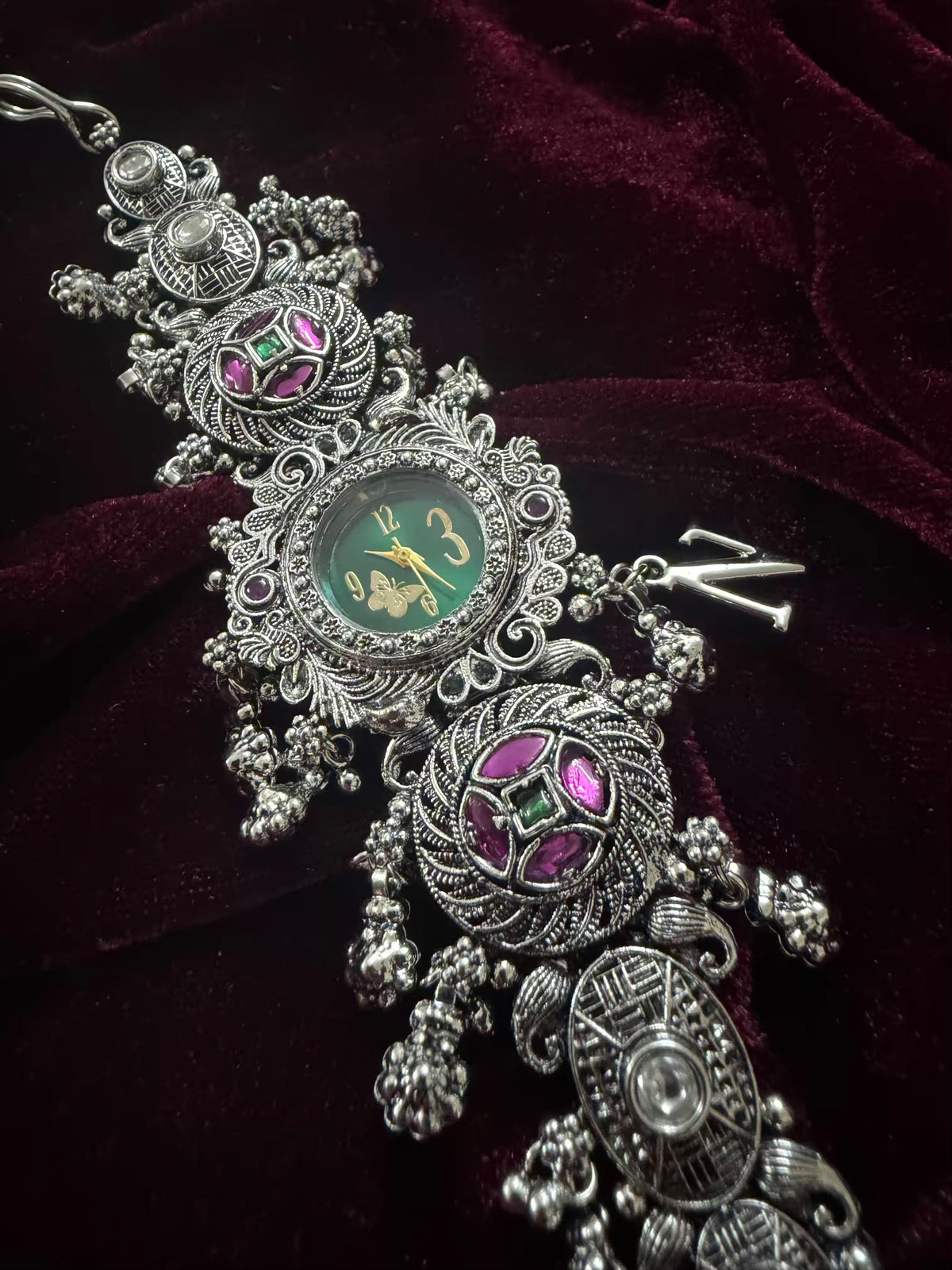 Garnet Silver-Tone Navratri Oxidised Heritage Watch