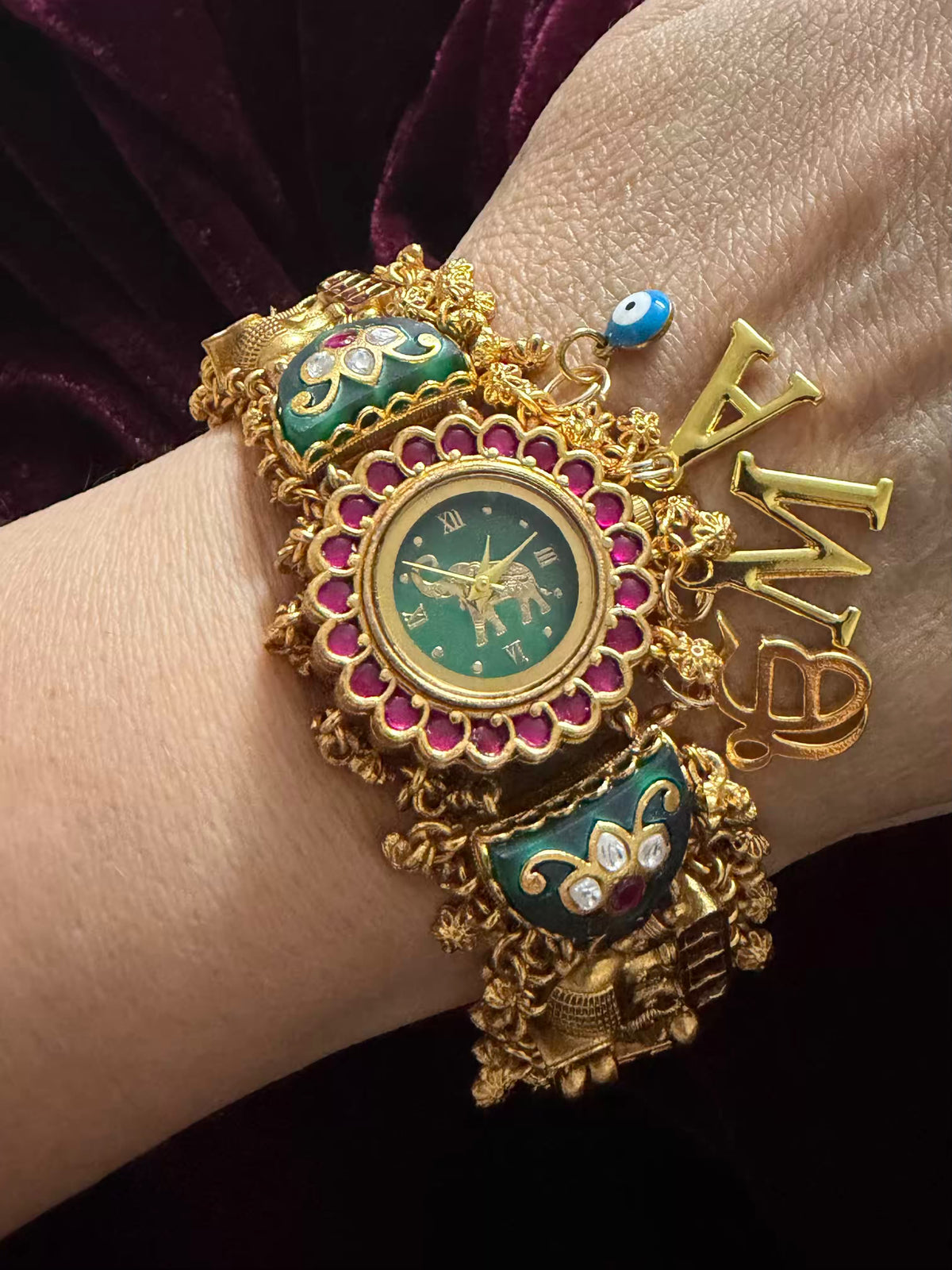 Emerald Green Ruby Halo Round Dial Evil Eye Charm Heritage Maharani Watch Bracelet