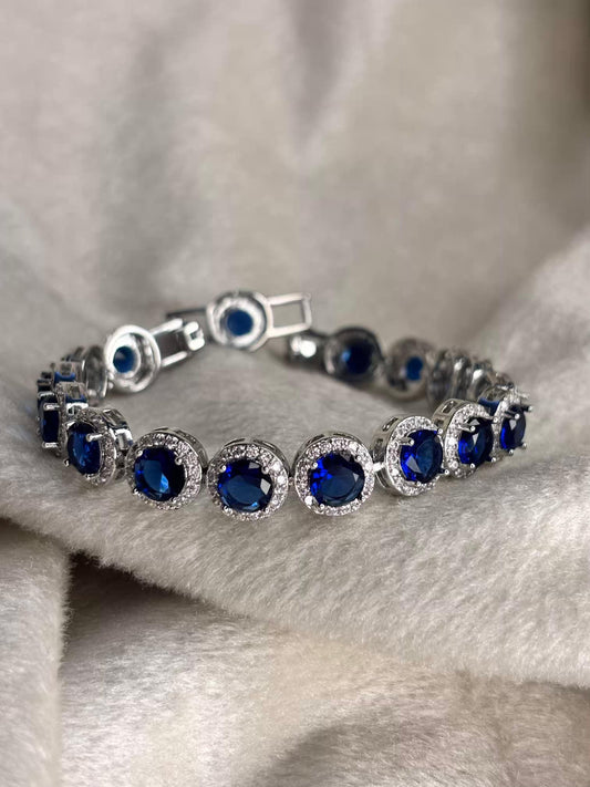 Sapphire Round Gem Studded Silver Premium Tennis Bracelet