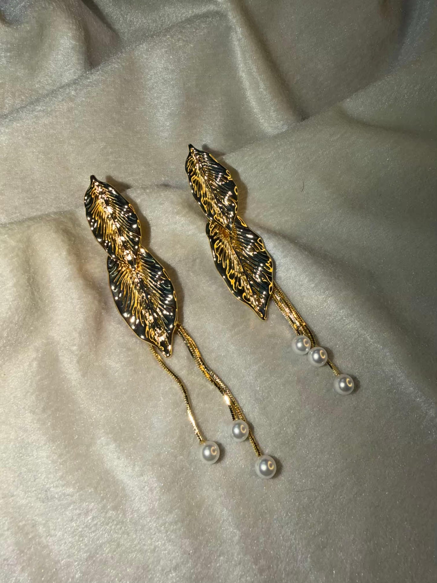Leaf Pearl Dangle Gold Plated Earrings