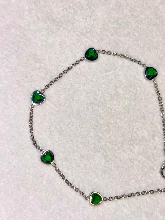 Silver Green Hearts Premium Anklet Payal with Silver hooks