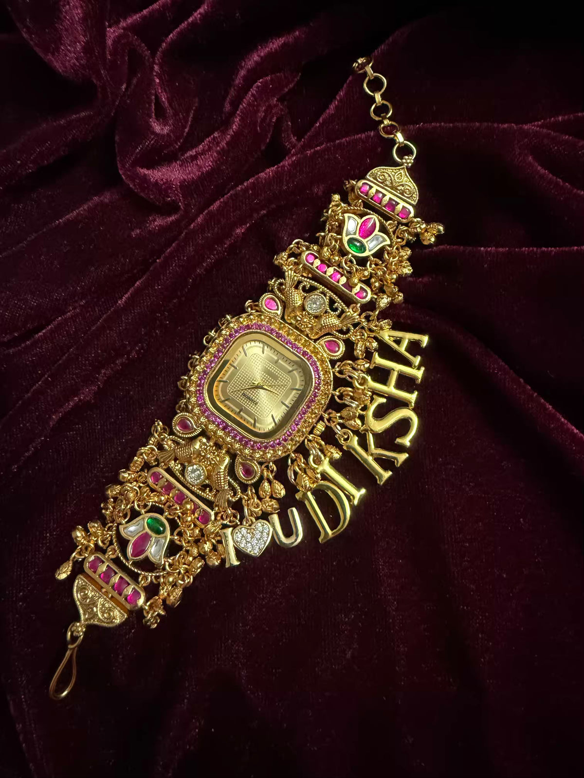 Ruby Pink Stone Gold Square Dial I Love You Charm Maharani Watch Bracelet