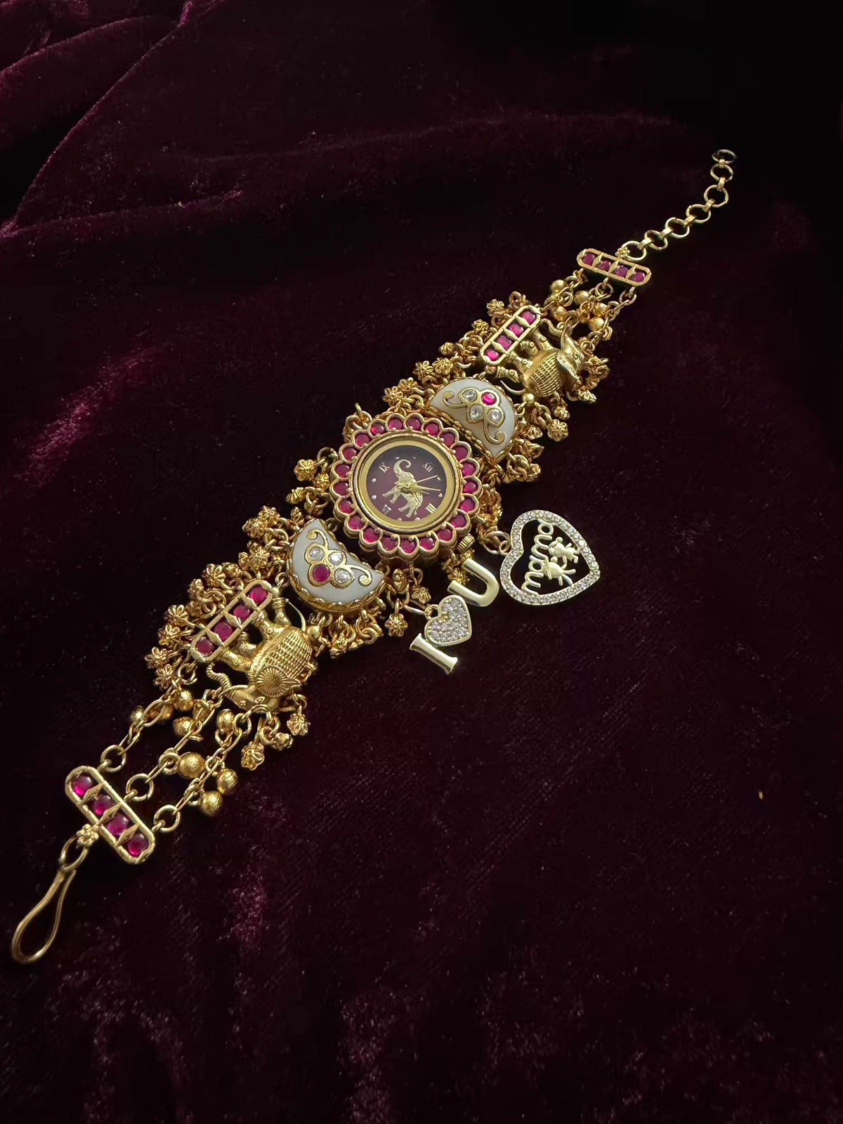 I Love You Mama Pink Stone Elephant Heritage Watch with Initials – Maharani Watch Bracelet